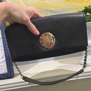 Kate Spade Black Leather Clutch with Gold Accents